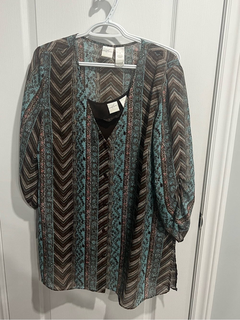 Emma James Teal and Brown Patterned Boho Top